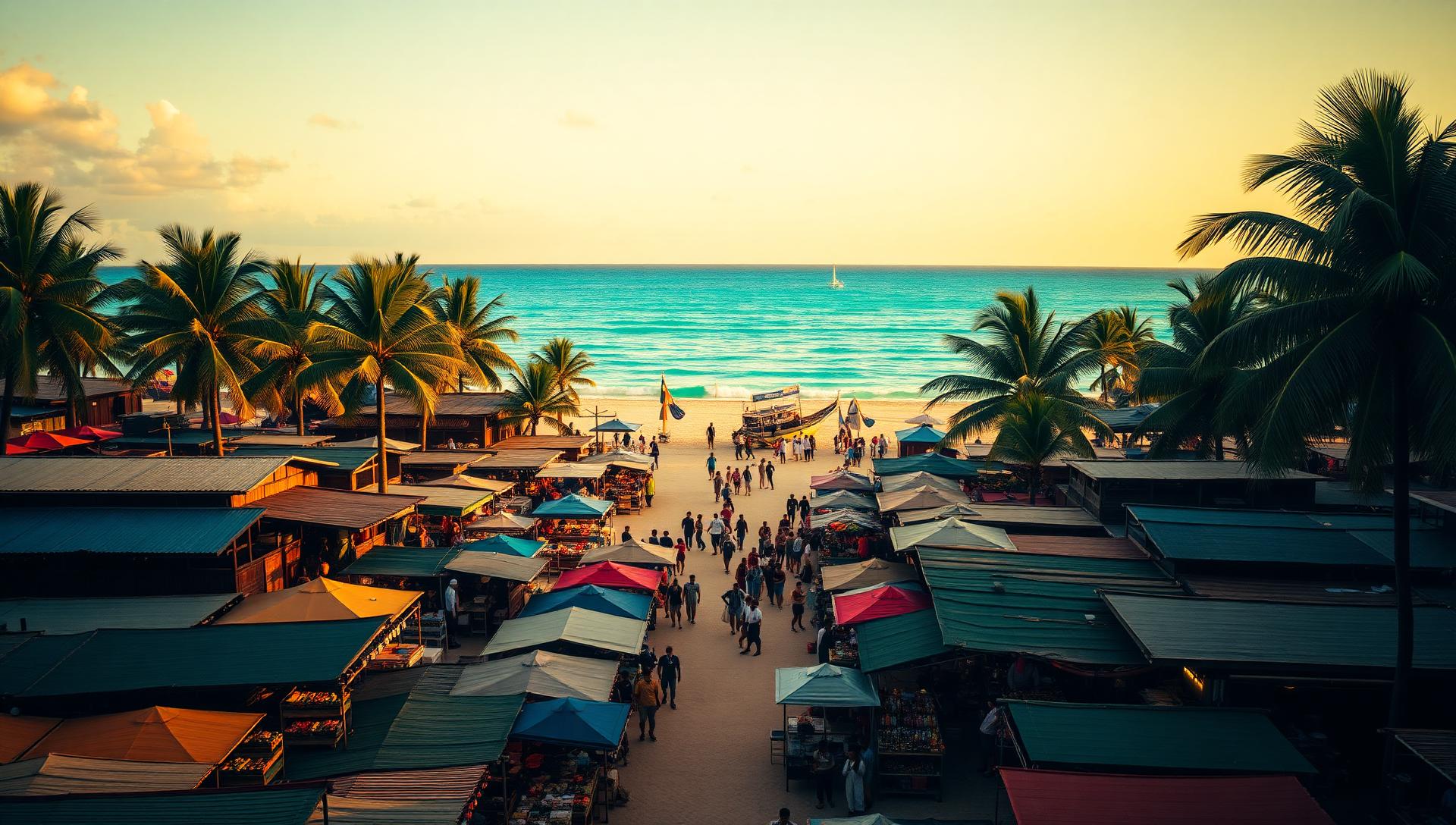 Caribbean seaside marketplace at sunset